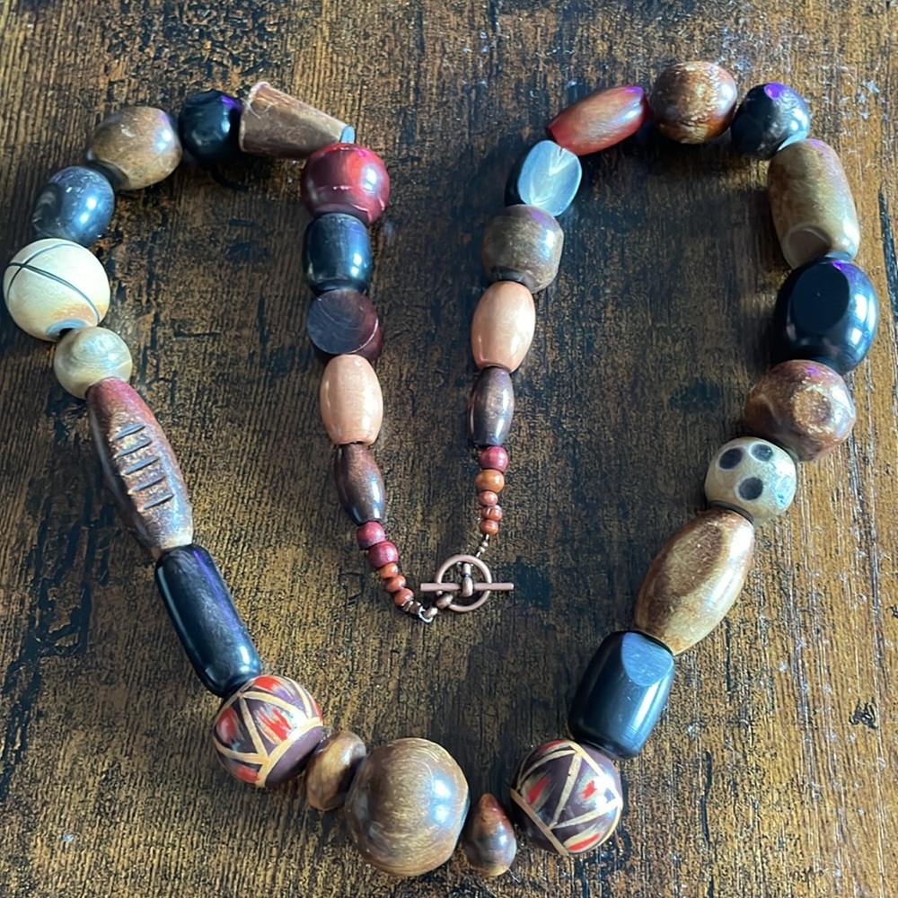 Wood Beads Chunky Necklace Tribal Statement Piece